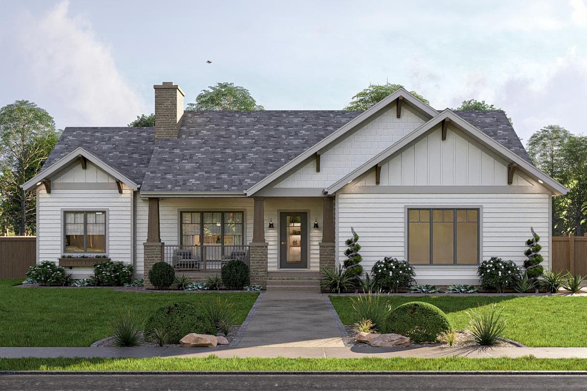 House plan exterior featuring a Craftsman style with a single story, front porch, gables, and a chimney.