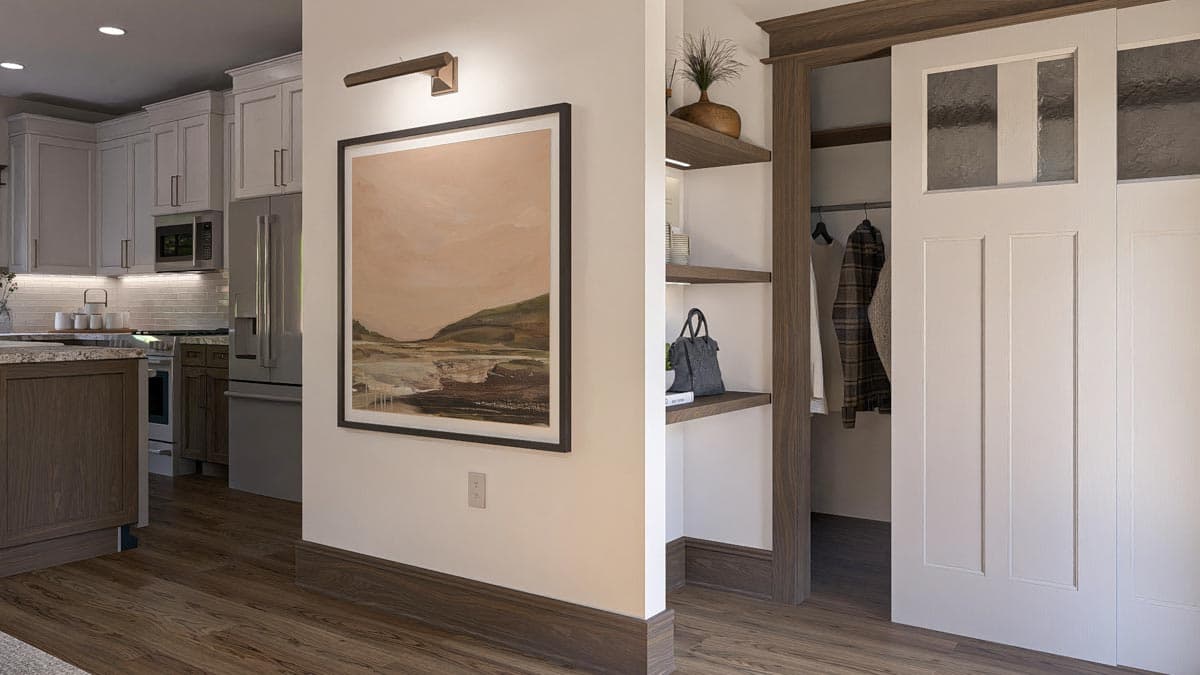 Interior rendering showing a kitchen, framed artwork on wall, and a closet with sliding doors and open shelving.
