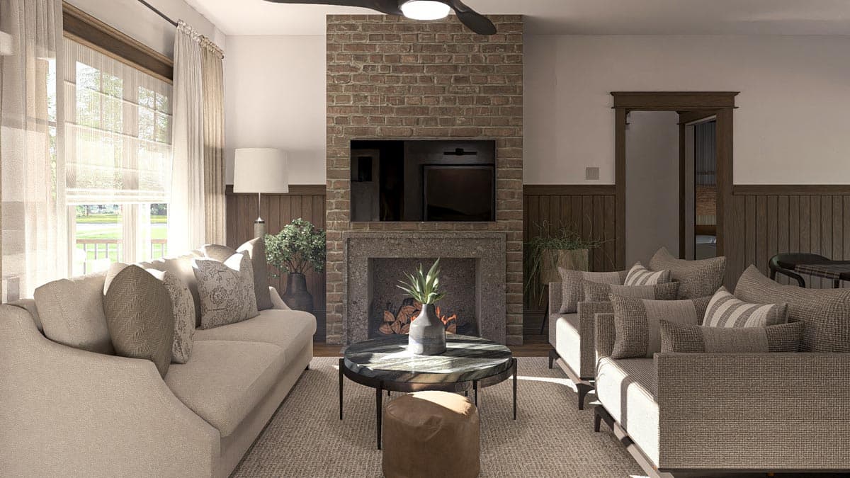 Living room rendering with brick fireplace, TV, two sofas, and large windows with sheer curtains.