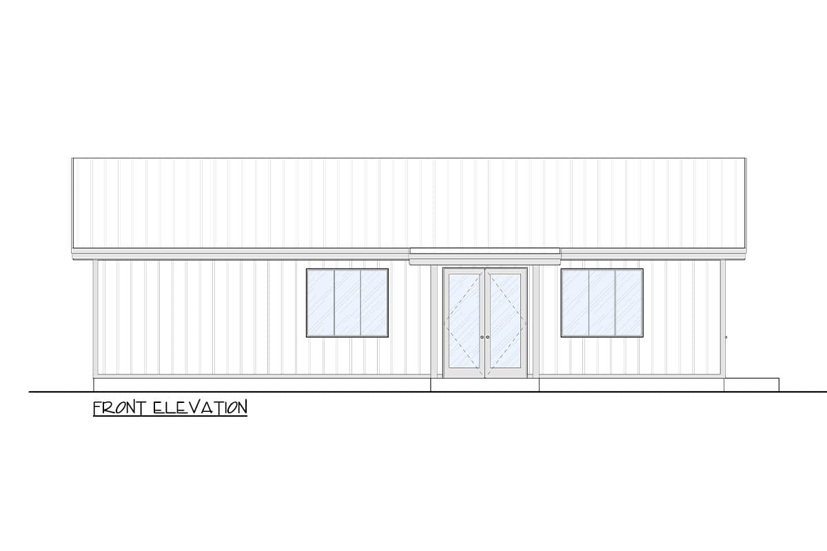 Front elevation of a house plan showing a metal roof, double doors, and two windows.