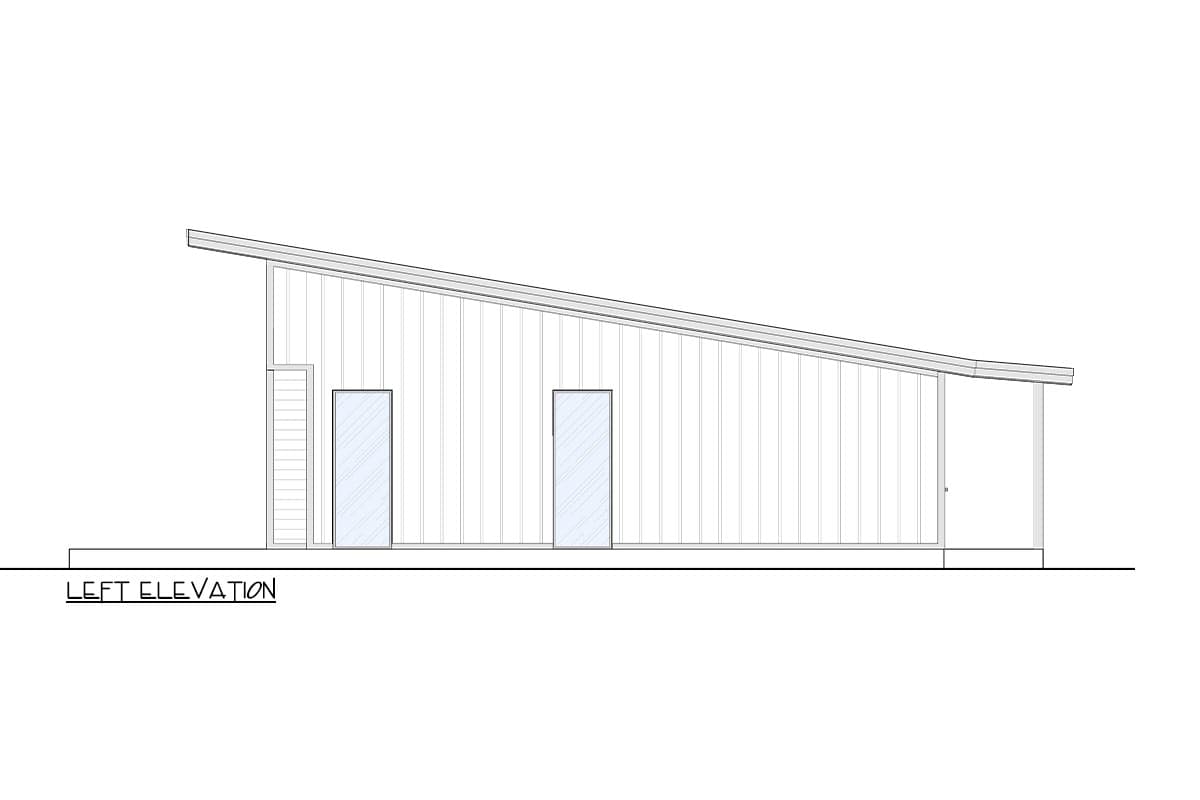 Left elevation drawing of a house with a shed roof, vertical siding, and two tall windows.