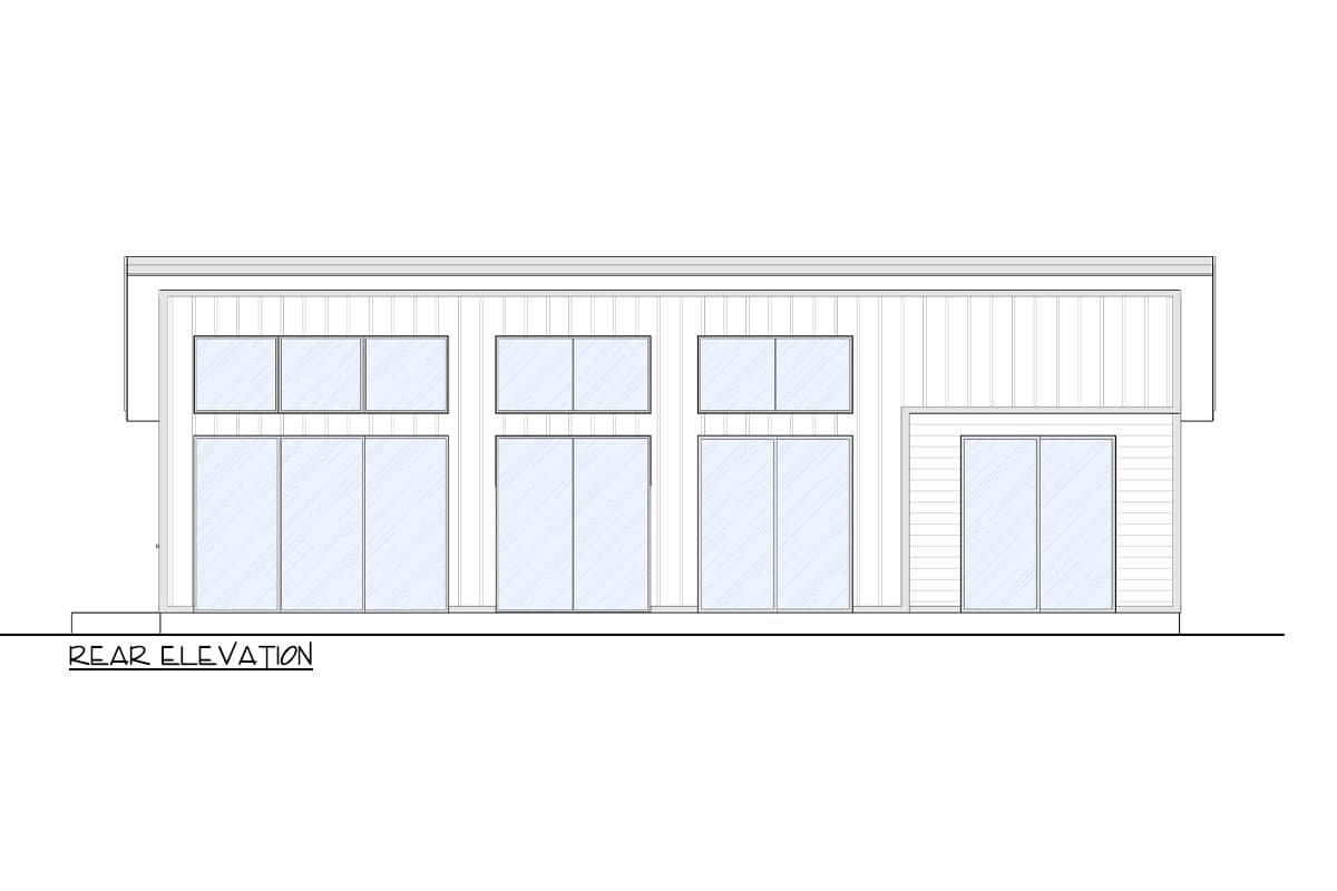 Rear elevation of a house plan showing a modern design with large windows and vertical siding.