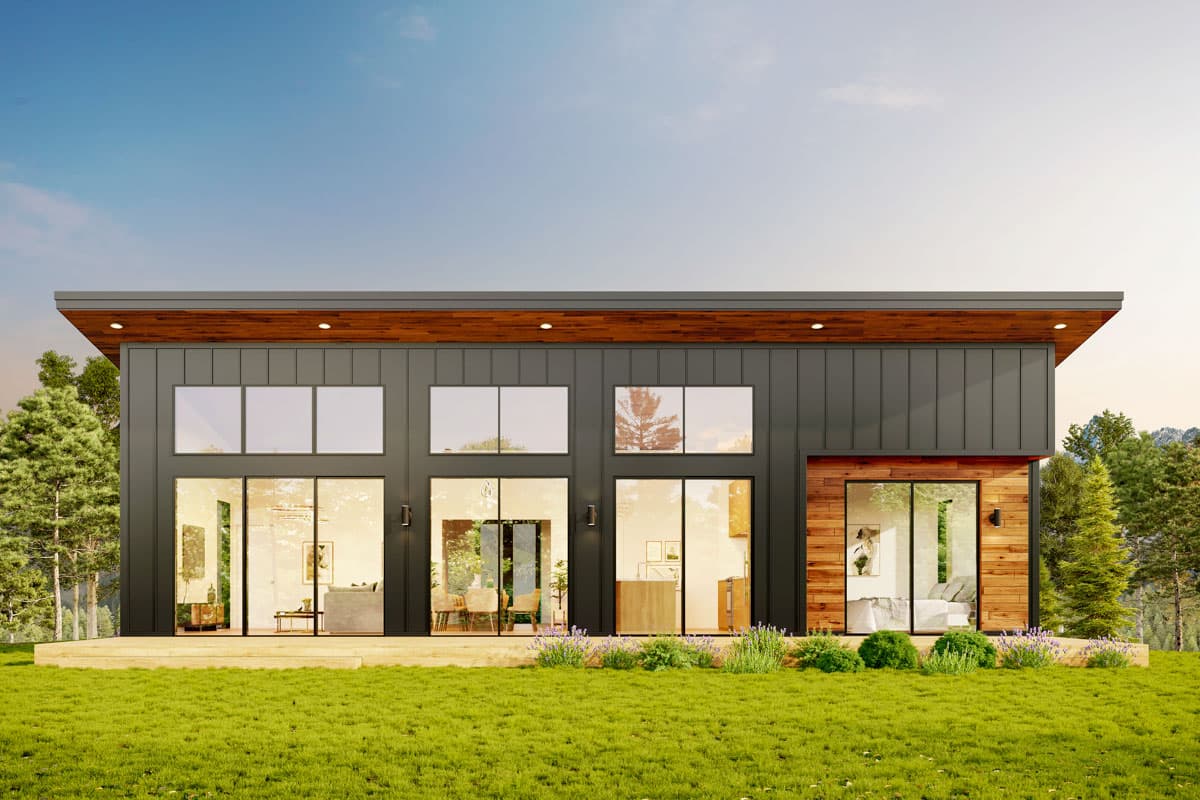 Modern house plan exterior with flat roof, wood soffit, dark metal siding, and floor-to-ceiling windows.
