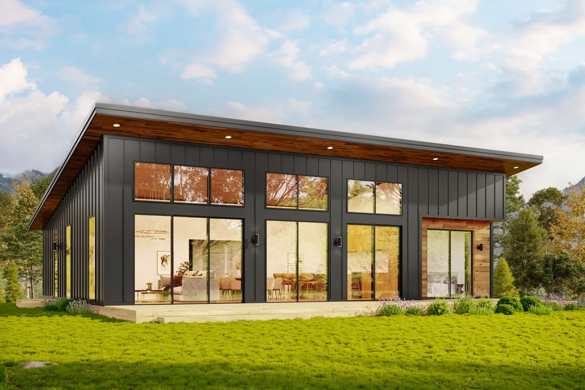 House plan exterior. Modern style, single-story home with a flat roof, large windows, and a wood-paneled accent wall.