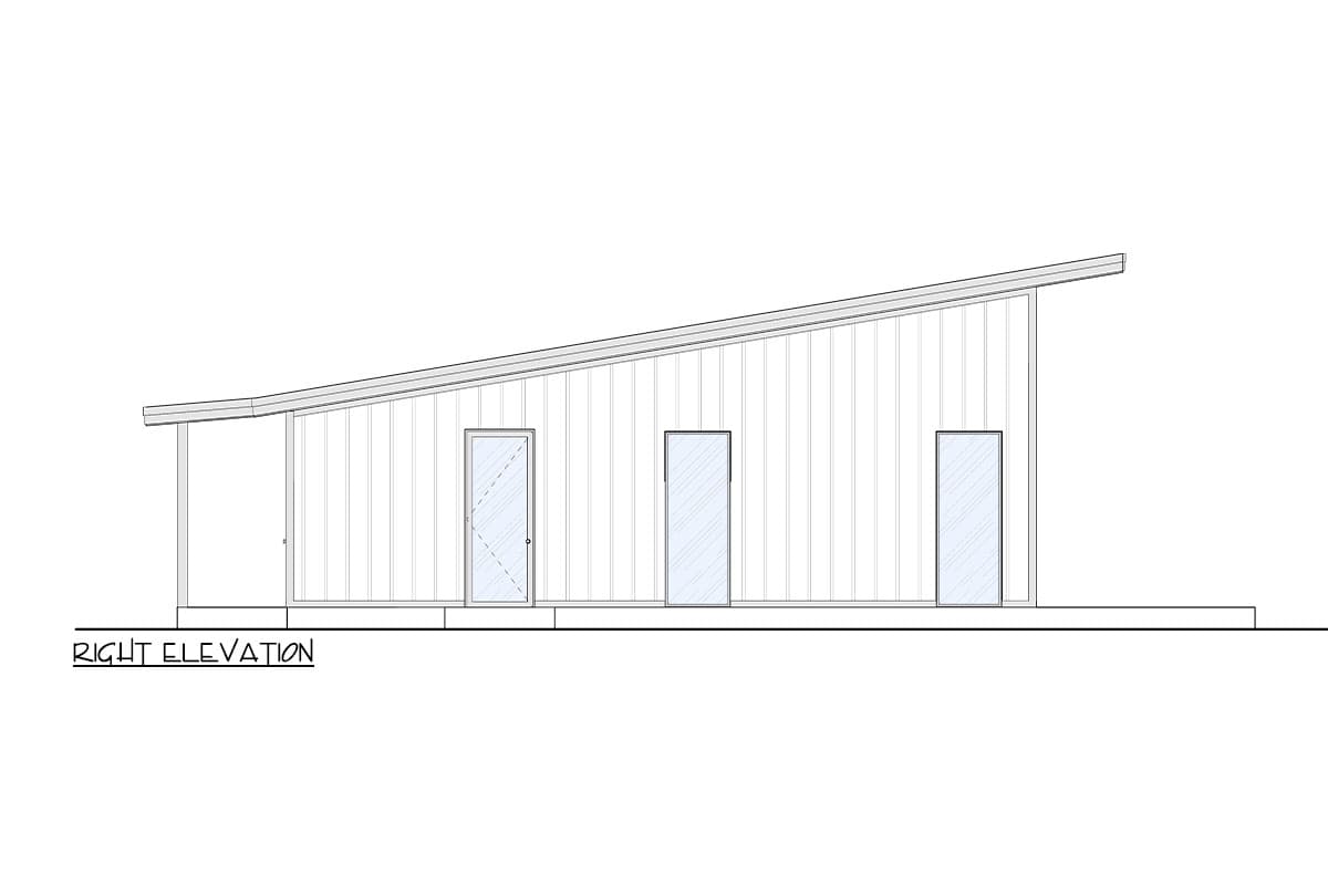 Right elevation of a house plan featuring a shed roof, porch, and three vertical windows.