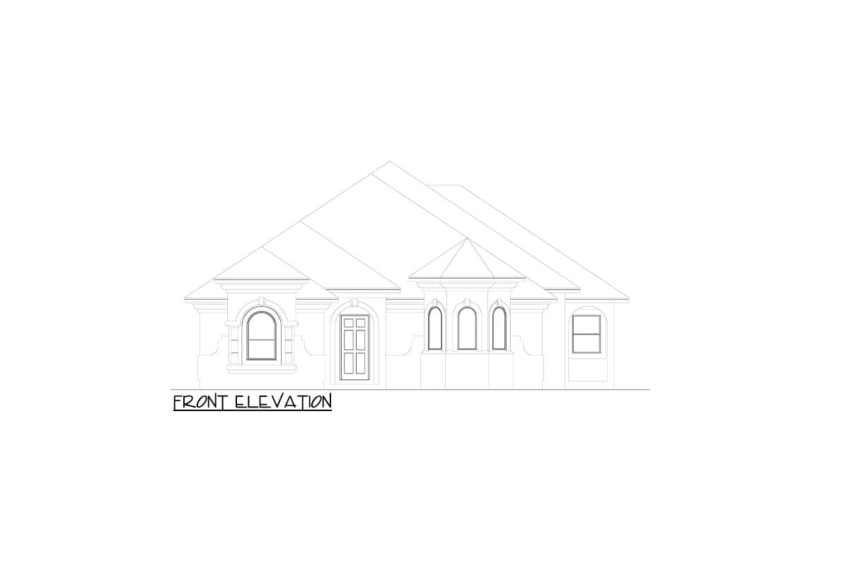 Front elevation drawing of a one-story house with arched windows and a central double door entry.