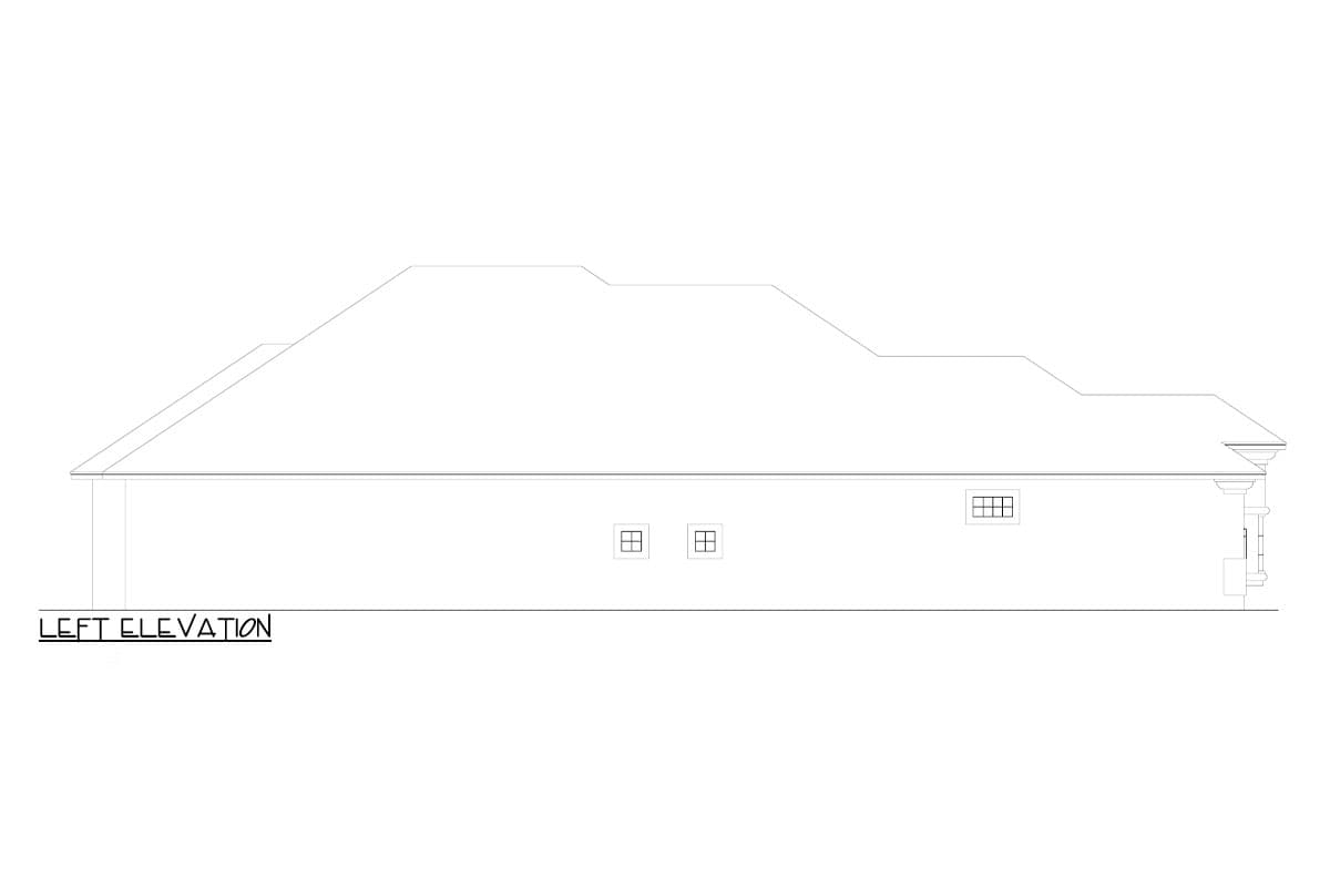 Left elevation drawing of a house plan showing a multi-level roofline and two small windows.