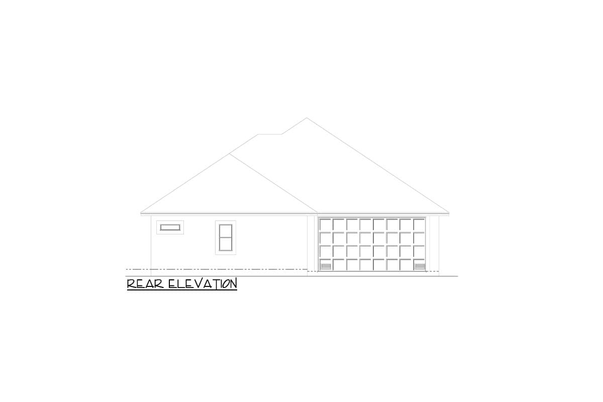 Rear elevation drawing of a house plan with a single garage door, two windows, and a sloped roofline.