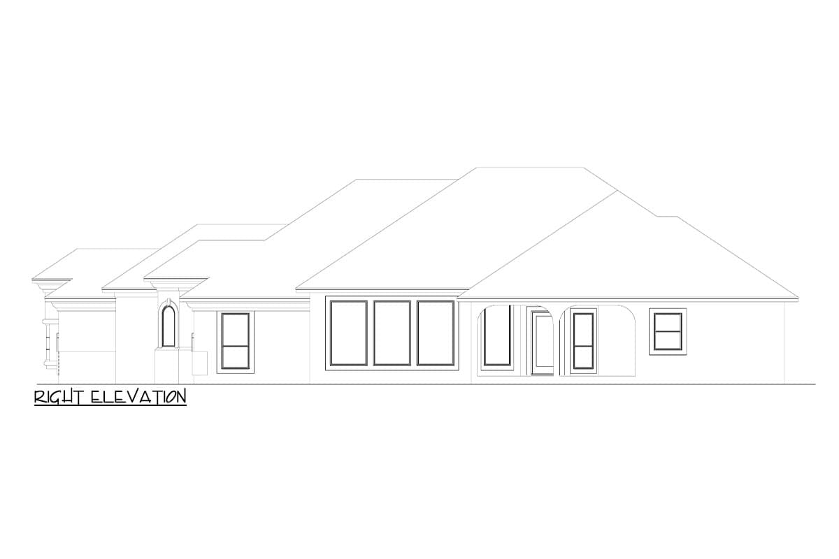 Right elevation drawing of a single-story house plan with multiple gables, arched windows, and a row of casement windows.