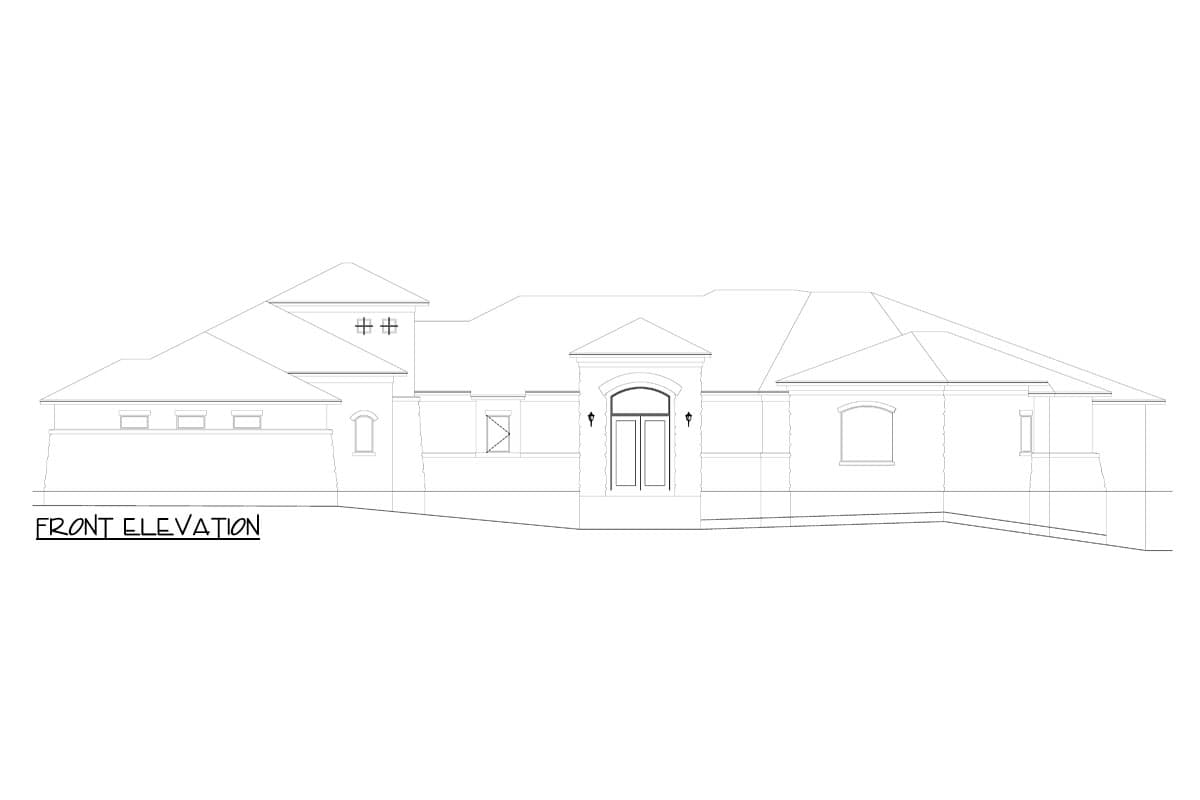 Front elevation drawing of a single-story house with a prominent arched entryway, multiple gables, and a central tower with cross details.