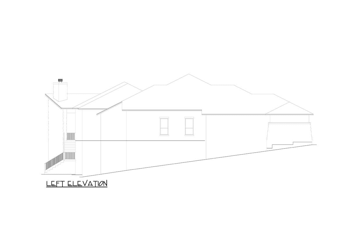 Left elevation drawing of a house plan with a chimney, multiple rooflines, and a set of stairs leading to a door.