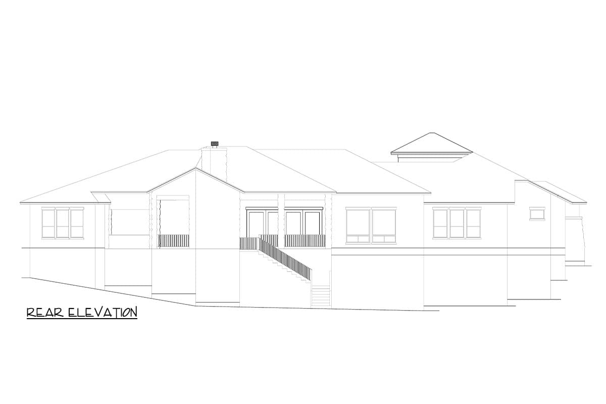 Rear elevation drawing of a house plan featuring a symmetrical facade with a central double-door entrance and a projecting gabled section.
