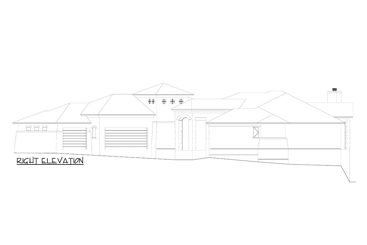 Right elevation house plan with three garages, arched entryway, and varied rooflines.