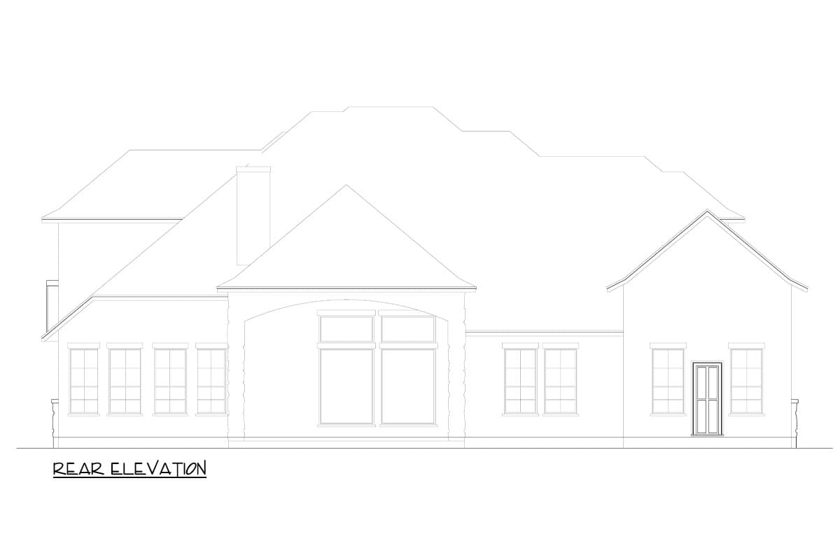 Rear elevation drawing of a house plan, showing multiple gables, a prominent chimney, and various window configurations.