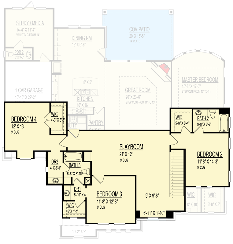 Plan 264214KMD: 4-Bed Mediterranean-Style House Plan with Study or Media Room - 3651 Sq Ft - Floor Plan - 2nd Floor - Contemporary, Mediterranean