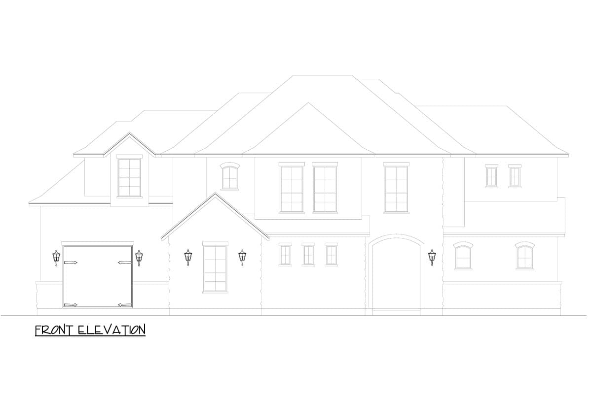 Front elevation of a two-story house plan with a side-entry garage, arched entryway, and varied rooflines.