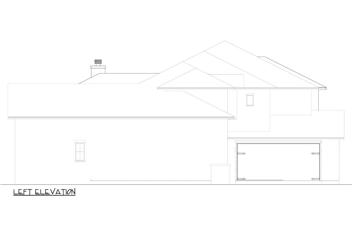 Left elevation house plan shows a two-story home with a gabled roof, chimney, and attached garage.