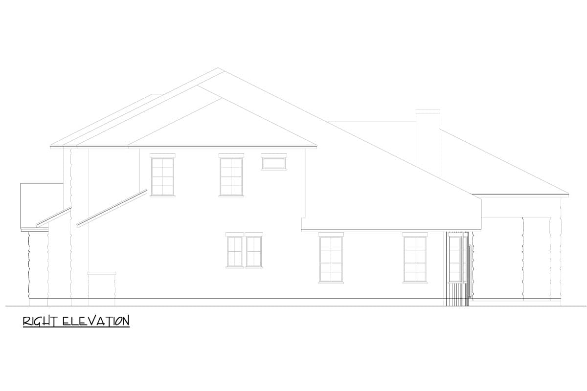 Right elevation drawing of a two-story house plan featuring a hip roof, multiple windows, and a covered entryway.