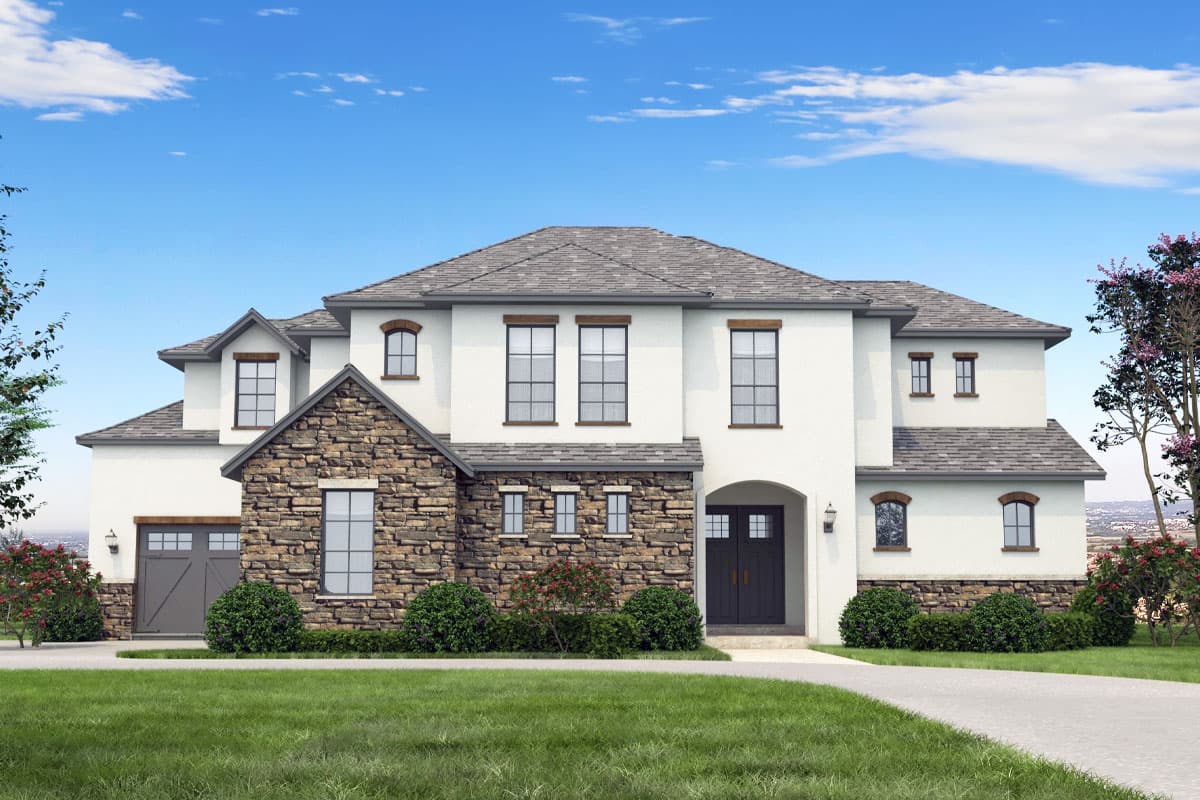 House plan exterior. Two-story stucco home with stone accents. Features include arched entry, gabled roof, and attached garage.