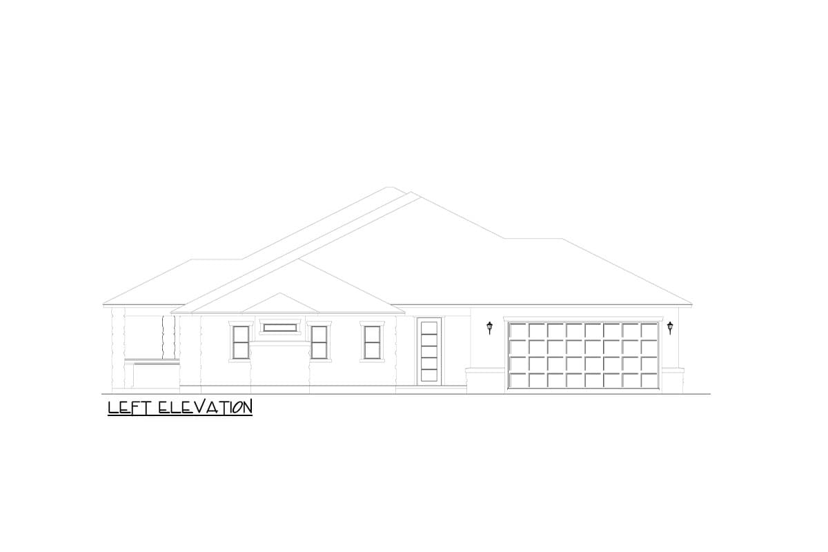 Left elevation house plan drawing showing a single-story home with a gable roof, front door, two windows, and a two-car garage.