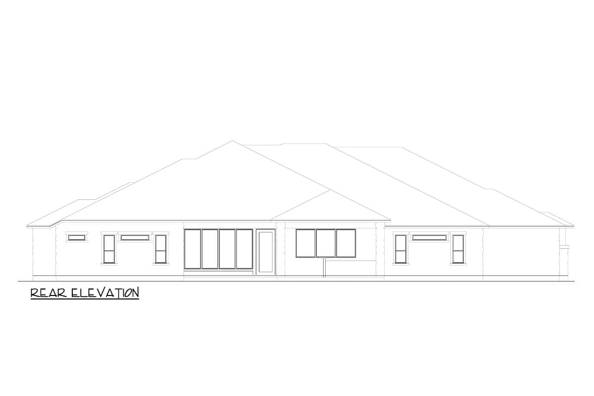 Rear elevation drawing of a single-story house plan with a long, low-pitched roofline and various window configurations.
