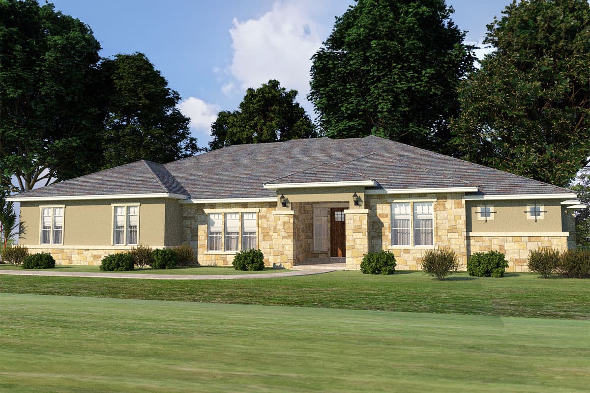 House plan exterior. Ranch-style home with stone and stucco facade. Features include a low-pitched roof, porch with columns, and multiple windows.
