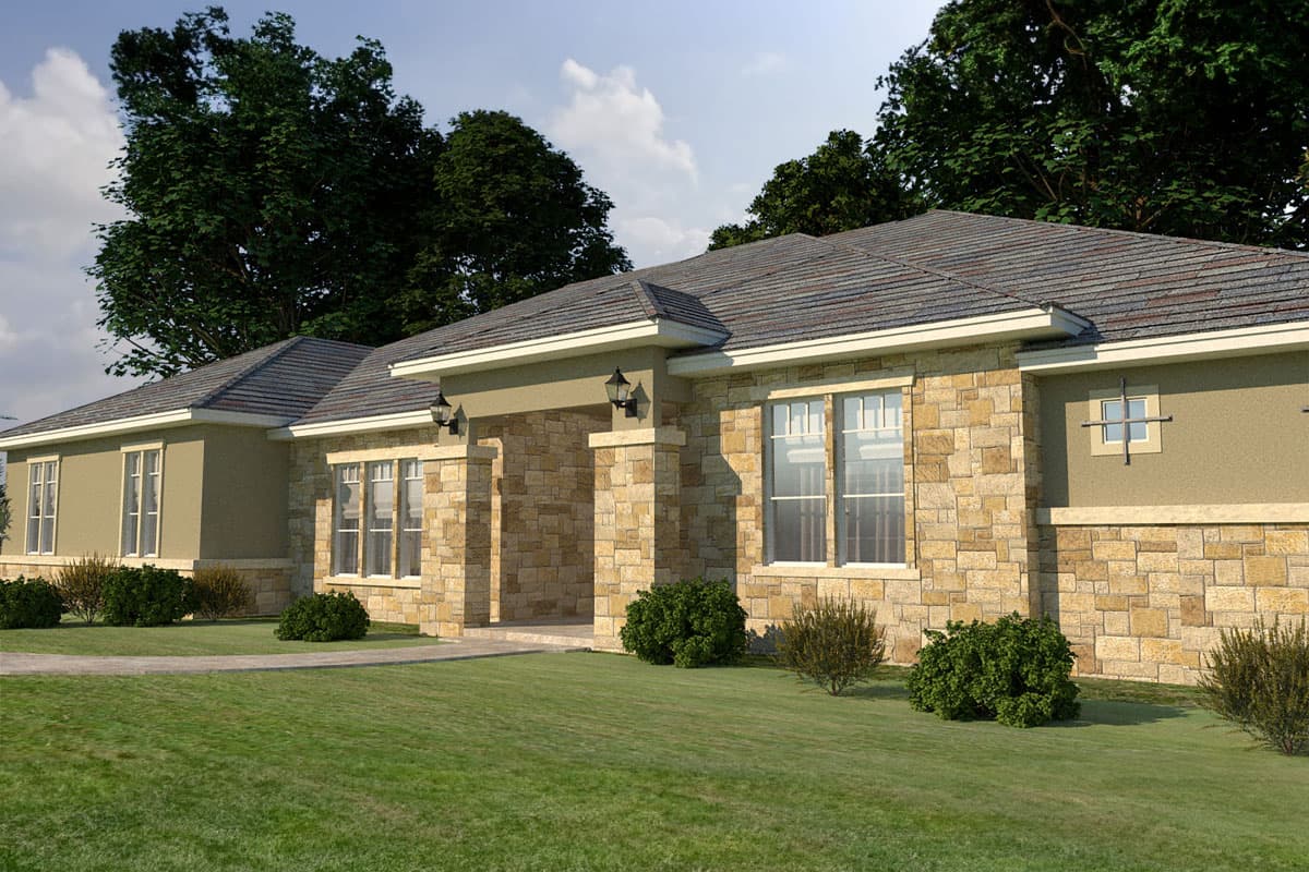 House plan exterior, single-story, stone and stucco facade with covered entry supported by stone columns.