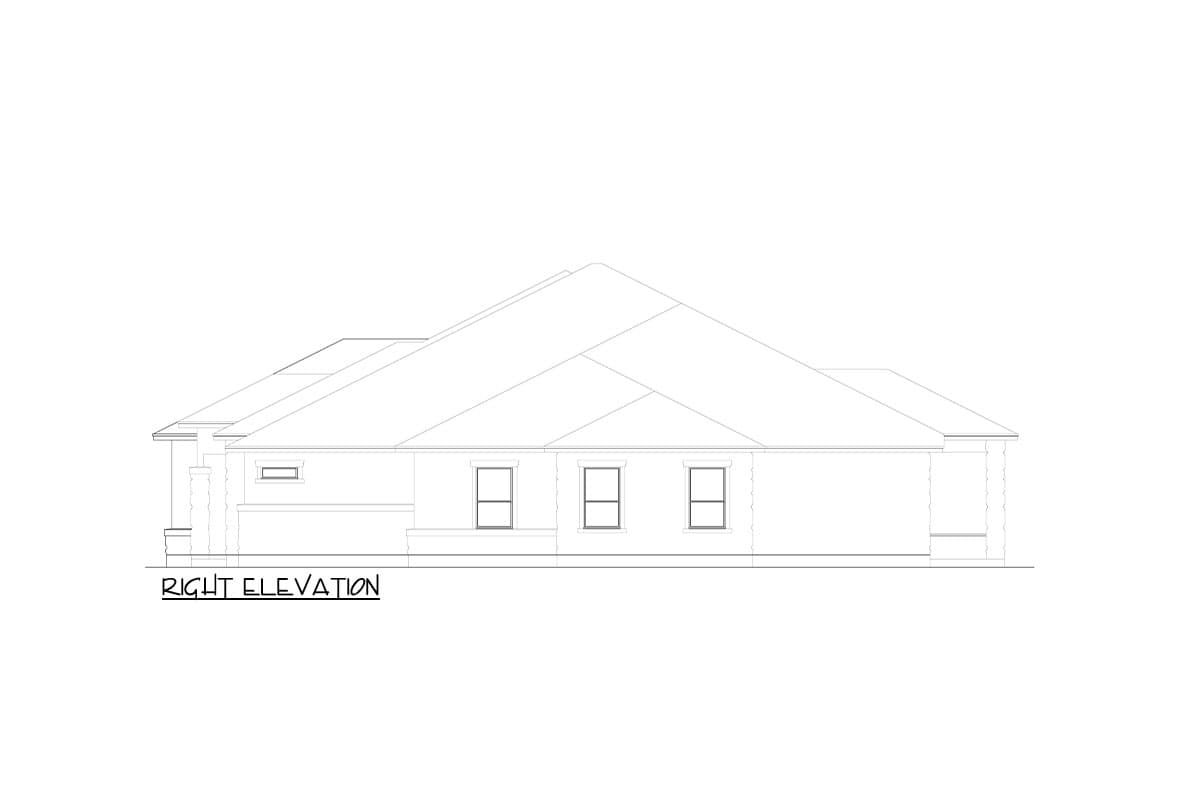 Right elevation drawing of a single-story house plan with gabled rooflines and three windows.