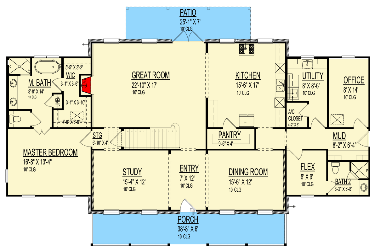 Plan 264217KMD: 4-Bed Colonial House Plan with Stacked Front Porches - 3731 Sq Ft - Floor Plan - Main Level - Colonial, Traditional