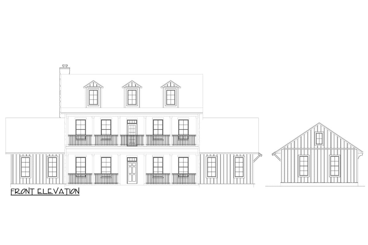 Front elevation drawing of a two-story house plan with double porches, dormers, and a side gable structure.