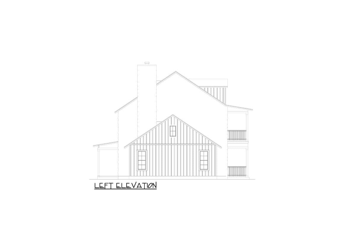 Left elevation drawing of a house plan featuring a large chimney, gabled rooflines, and a two-story balcony.