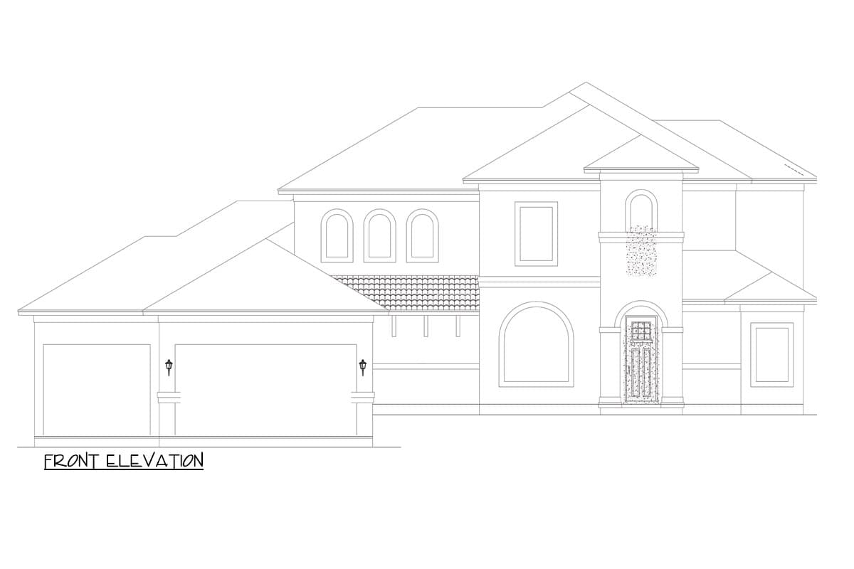 Front elevation drawing of a two-story house plan with a three-car garage, arched windows, and a prominent entryway tower.