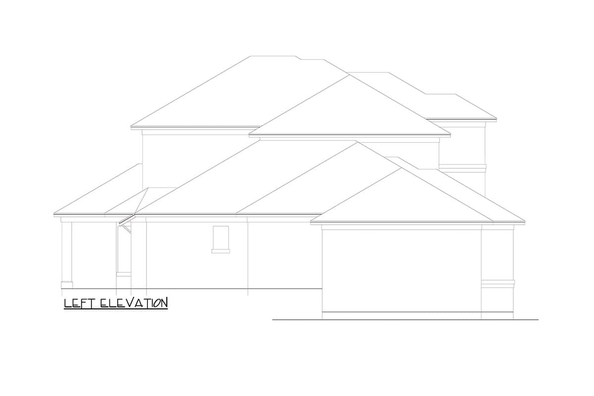 Left elevation drawing of a two-story house with a covered porch, multiple gables, and a detached garage.