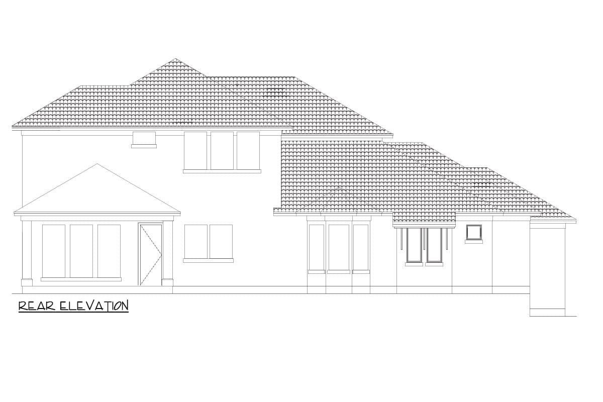 Rear elevation drawing of a two-story house with a gabled sunroom, varied rooflines, and multiple window groups.