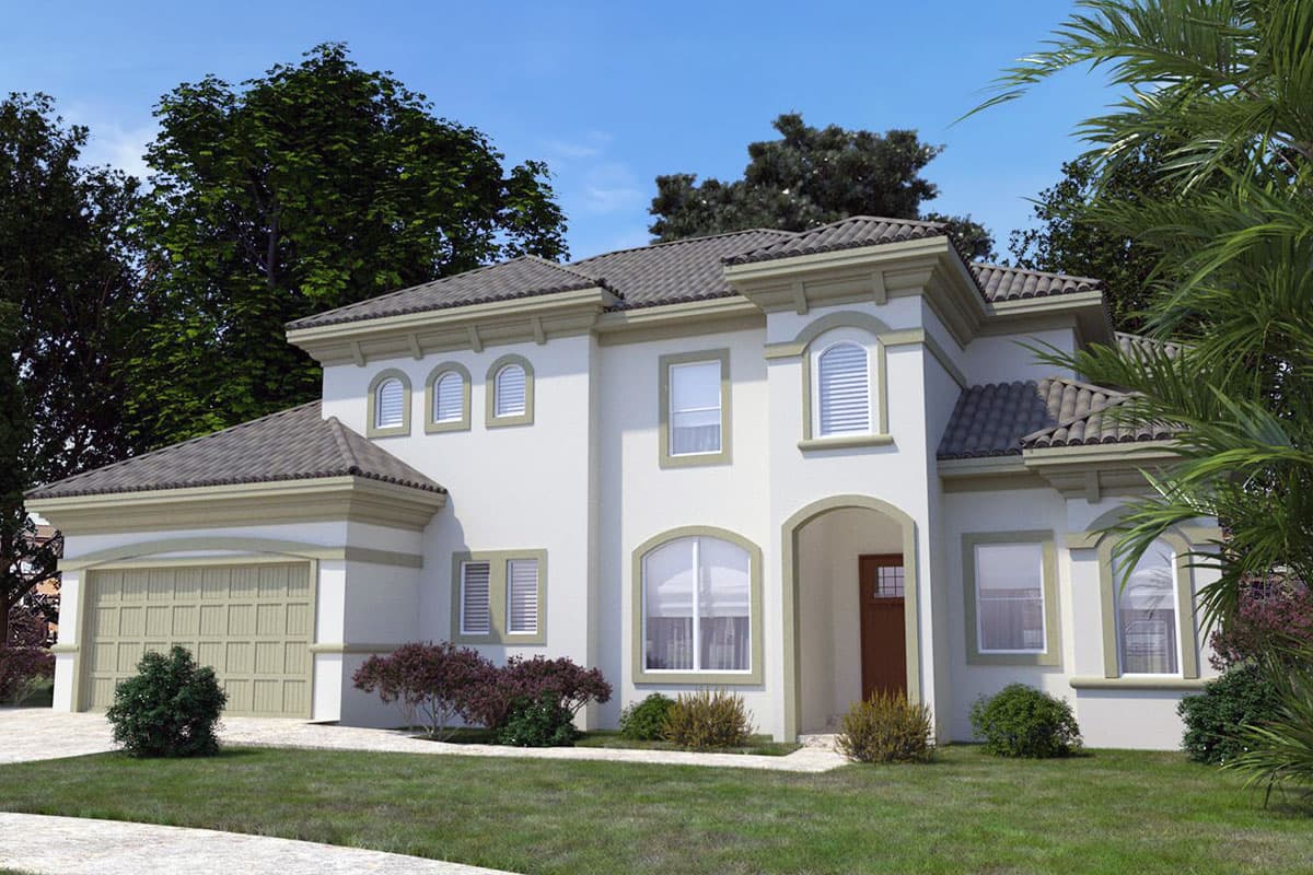 House plan exterior. Two-story Mediterranean-style home with arched entry, tiled roof, and arched windows. Includes attached garage.