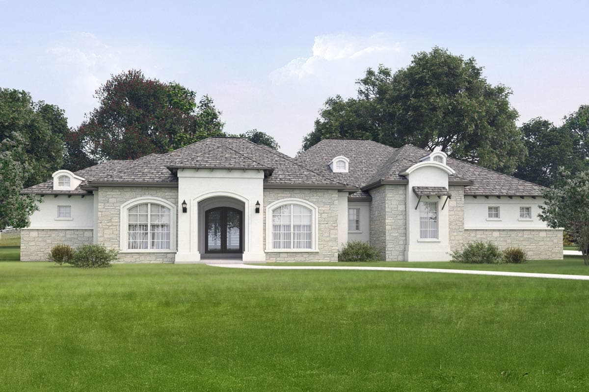 House plan exterior with stone veneer, arched entry, dormers, and a multi-gabled roof. Single-story design.