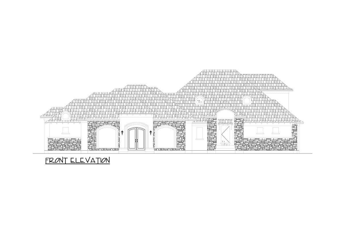 Front elevation drawing of a house plan featuring arched windows, stone accents, a double-door entry, and a multi-level tiled roof with dormers.