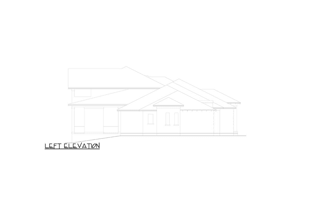 Left elevation drawing of a single-story house with hip roof, covered entry, and multiple gables.