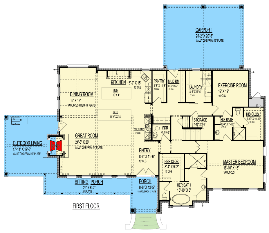 Plan 264222KMD: Two-Story Hill Country House Plan with Outdoor Kitchen and Fireplace - 3777  Sq Ft - Floor Plan - Main Level - Country, Hill Country, Rustic