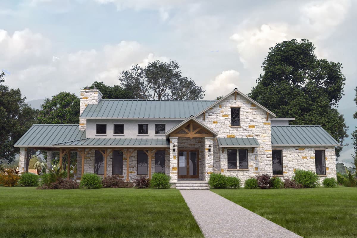 House plan exterior with stone veneer, metal roof, and covered porch. Features include gable rooflines and a central entry.
