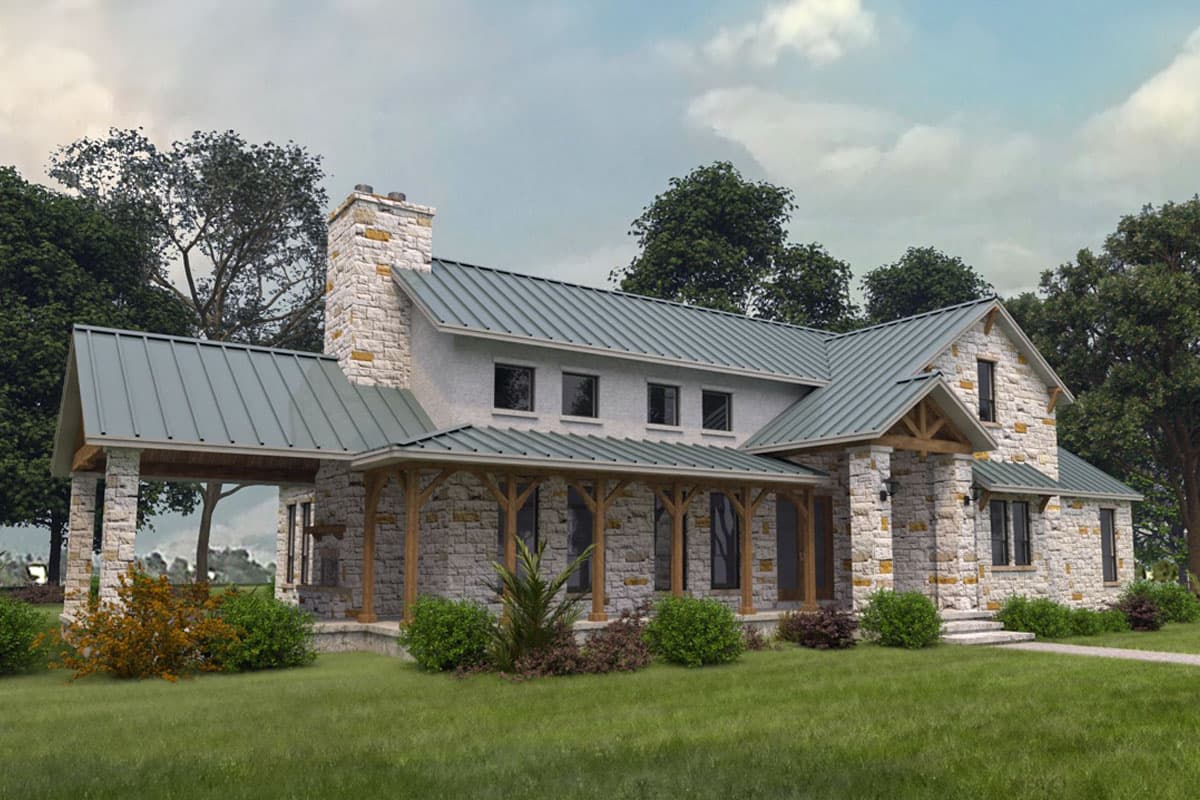 House plan exterior with stone facade, metal roof, covered porch, and stone chimney.