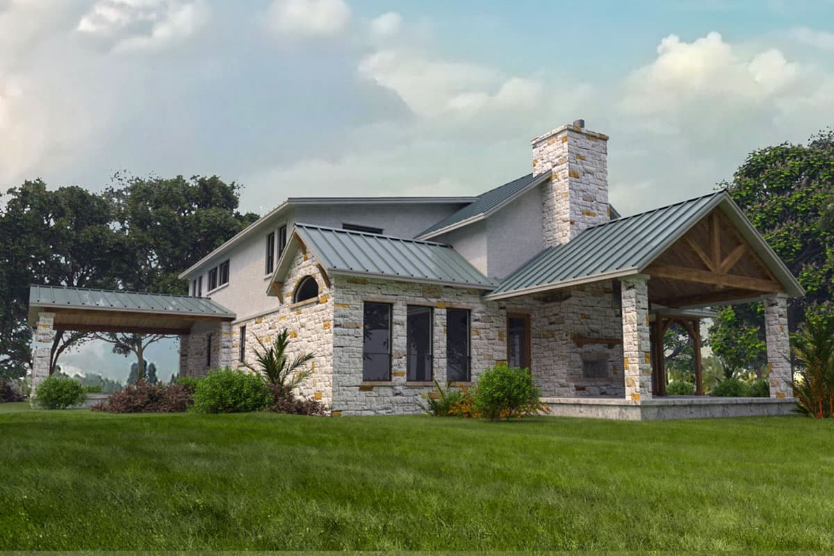House plan exterior features stone accents, gabled roofs, covered porches with timber framing, and a prominent stone chimney.