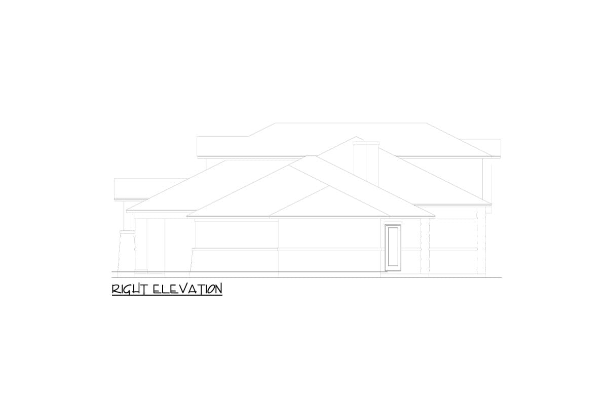 Right elevation drawing of a house plan, showing layered rooflines, a chimney, and a covered porch with column supports.