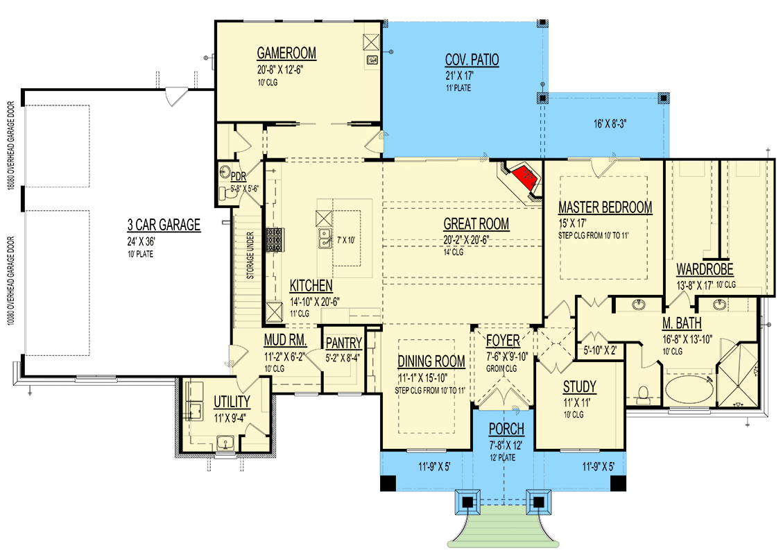 Plan 264225KMD: 4-Bedroom Southwest Style House Plan with Loft - 3850 Sq Ft - Floor Plan - Main Level - Craftsman, Rustic, Southwest