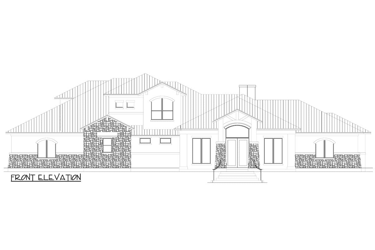 Front elevation drawing of a house plan with stone accents, varied rooflines, and an arched entryway.
