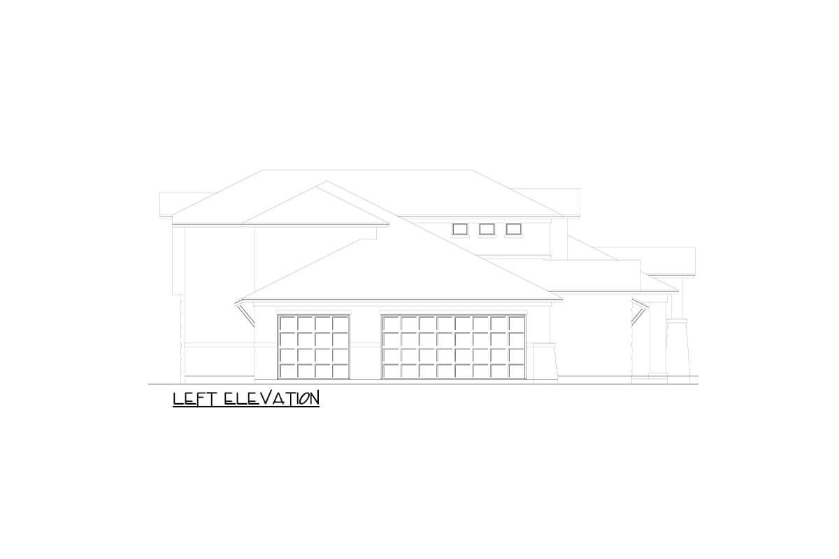 Left elevation house plan showing a two-story home with a three-car garage, multiple rooflines, and dormer windows.