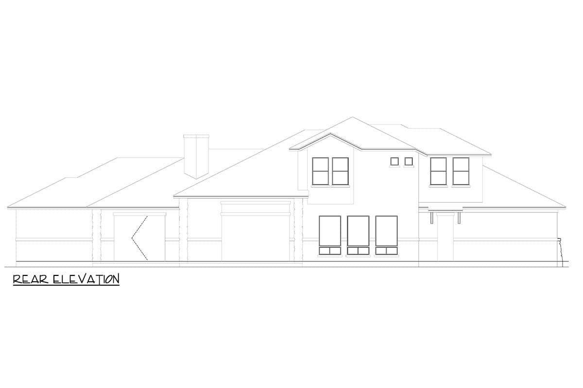 Rear elevation drawing of a two-story house with a pitched roof, chimney, and garage.