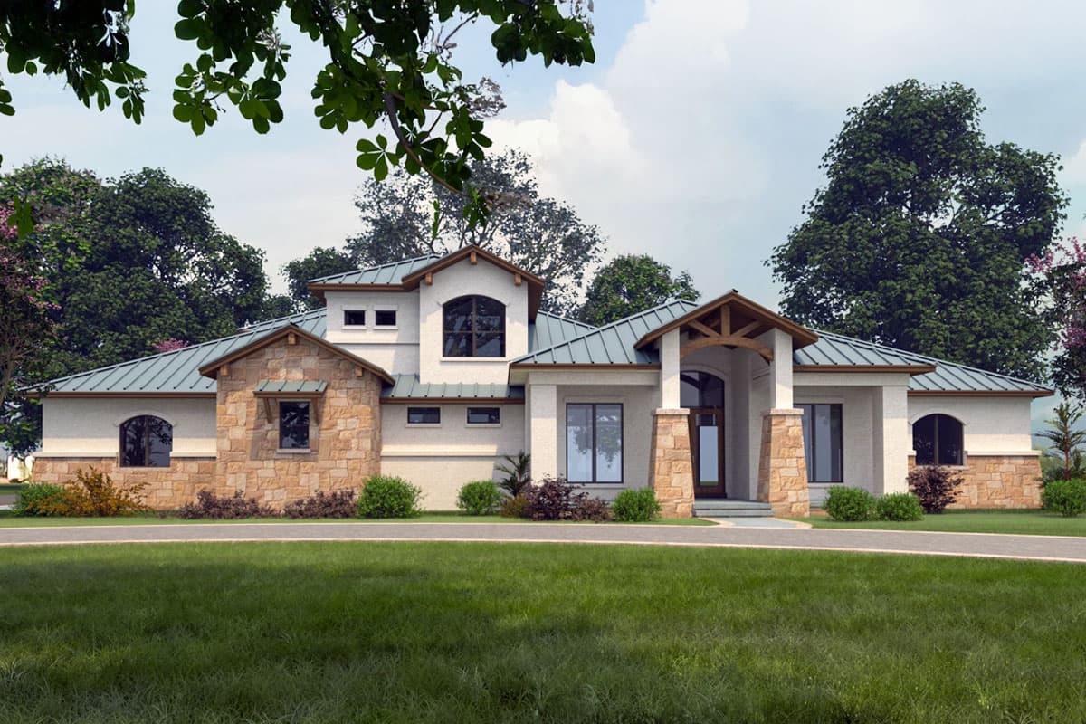 House plan exterior with stone accents, arched entryway, and metal roof. Features include gables and a covered porch with exposed beams.