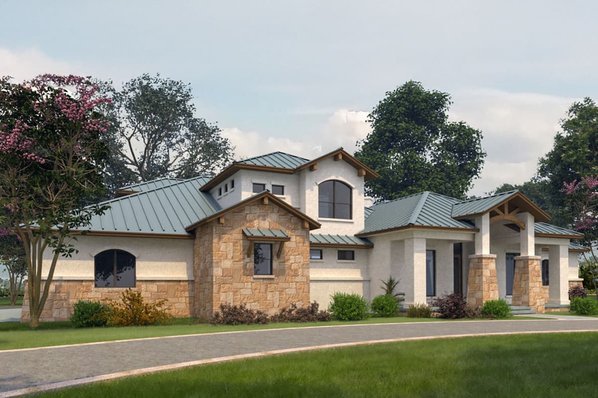 House plan exterior featuring stone accents, multiple gables, metal roof, and a covered entryway with wood beams.