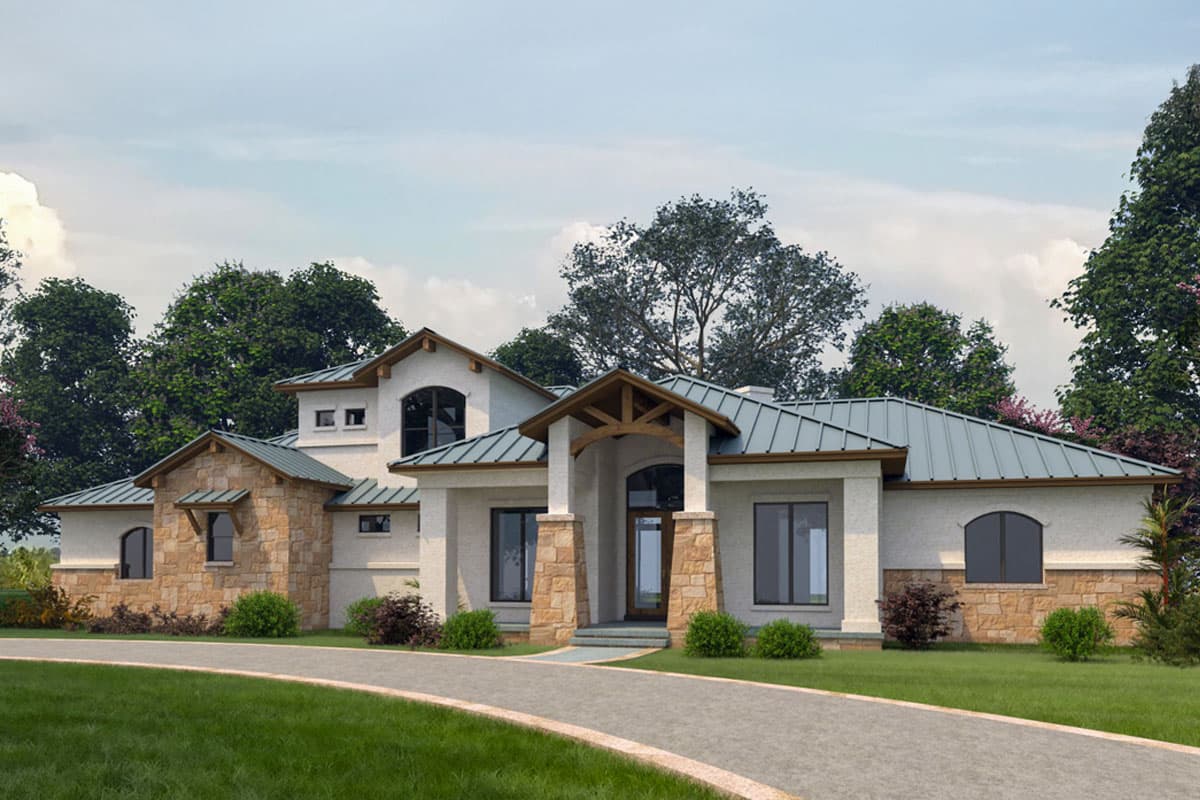 House plan exterior with stone accents, a prominent gabled entryway with exposed wood beams, and a metal roof.